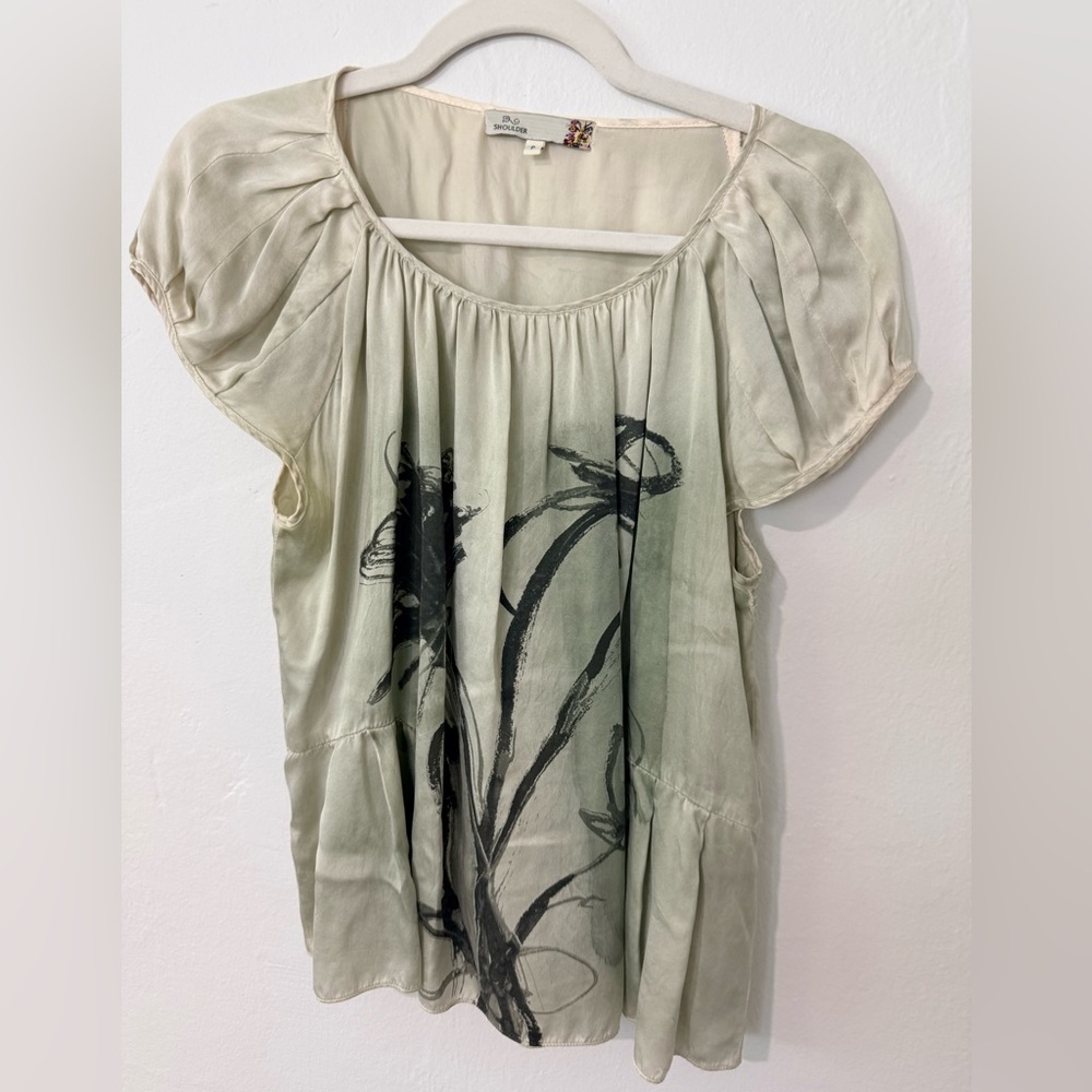 SHOULDER 100% Silk Blouse | Sage Green Abstract Print | Size P (Small) - Picture 2 of 6
